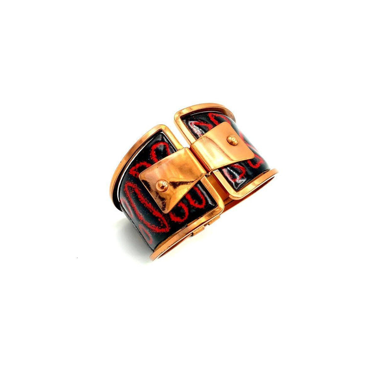 Vintage Matisse Renoir Enamel Geometric Wide Copper Hinged Bangle - 24 Wishes Vintage Jewelry