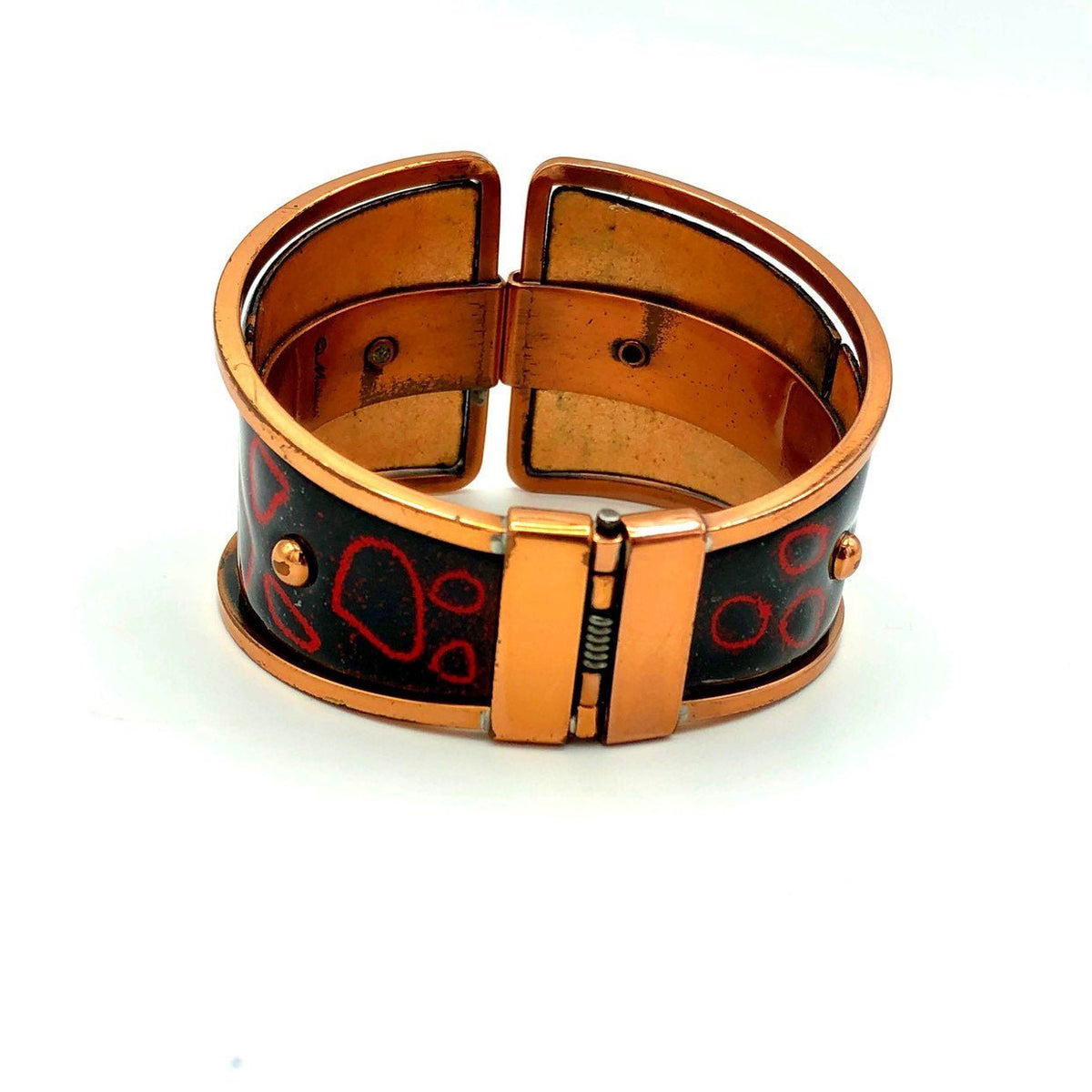 Vintage Matisse Renoir Enamel Geometric Wide Copper Hinged Bangle - 24 Wishes Vintage Jewelry