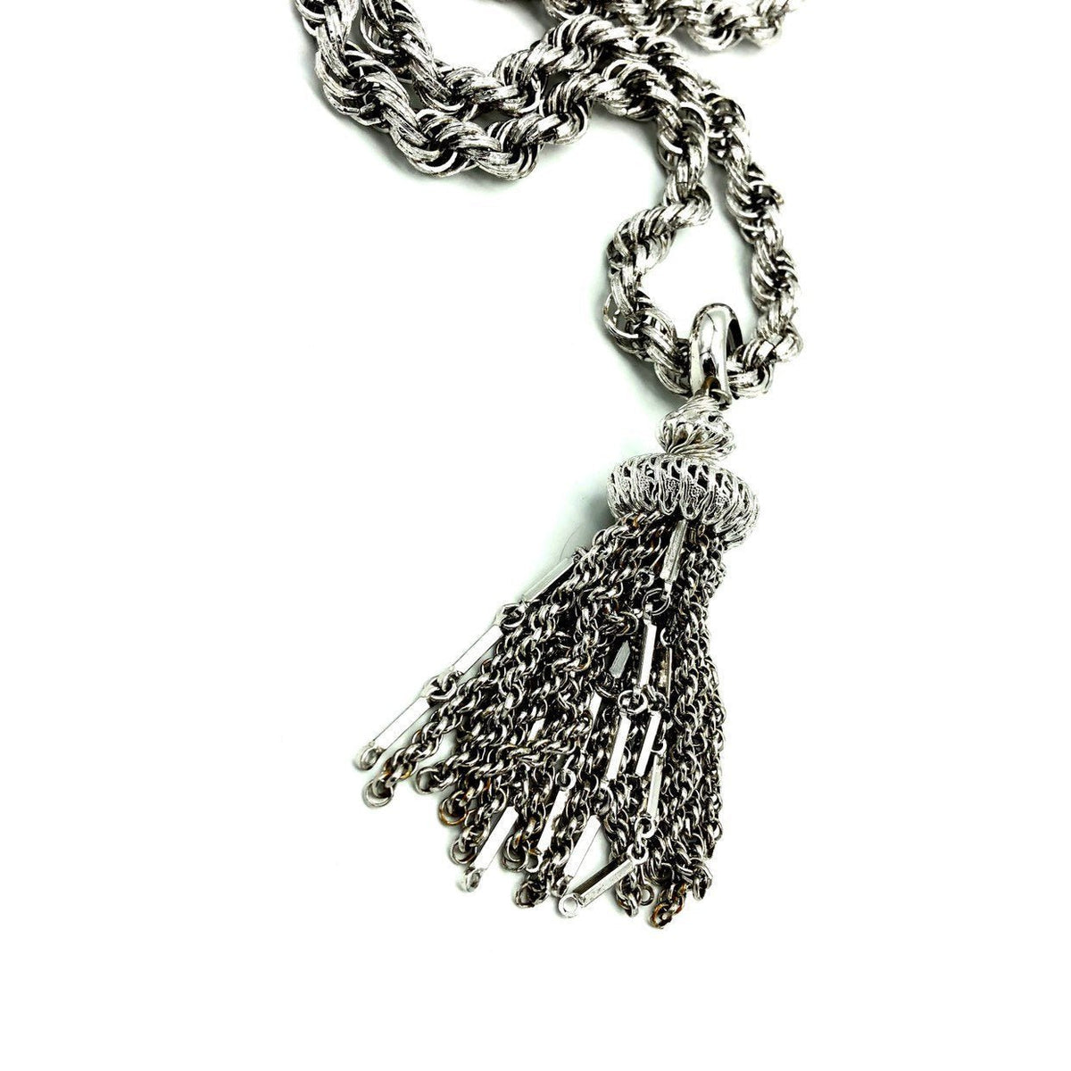 Vintage Monet ‘Damita’ Silver Rope Chain Filigree Tassel Pendant - 24 Wishes Vintage Jewelry