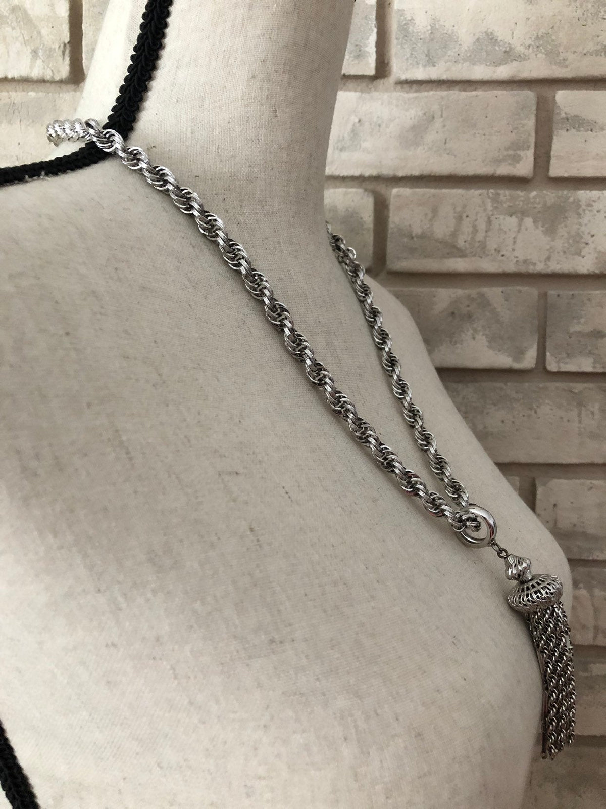 Vintage Monet ‘Damita’ Silver Rope Chain Filigree Tassel Pendant - 24 Wishes Vintage Jewelry