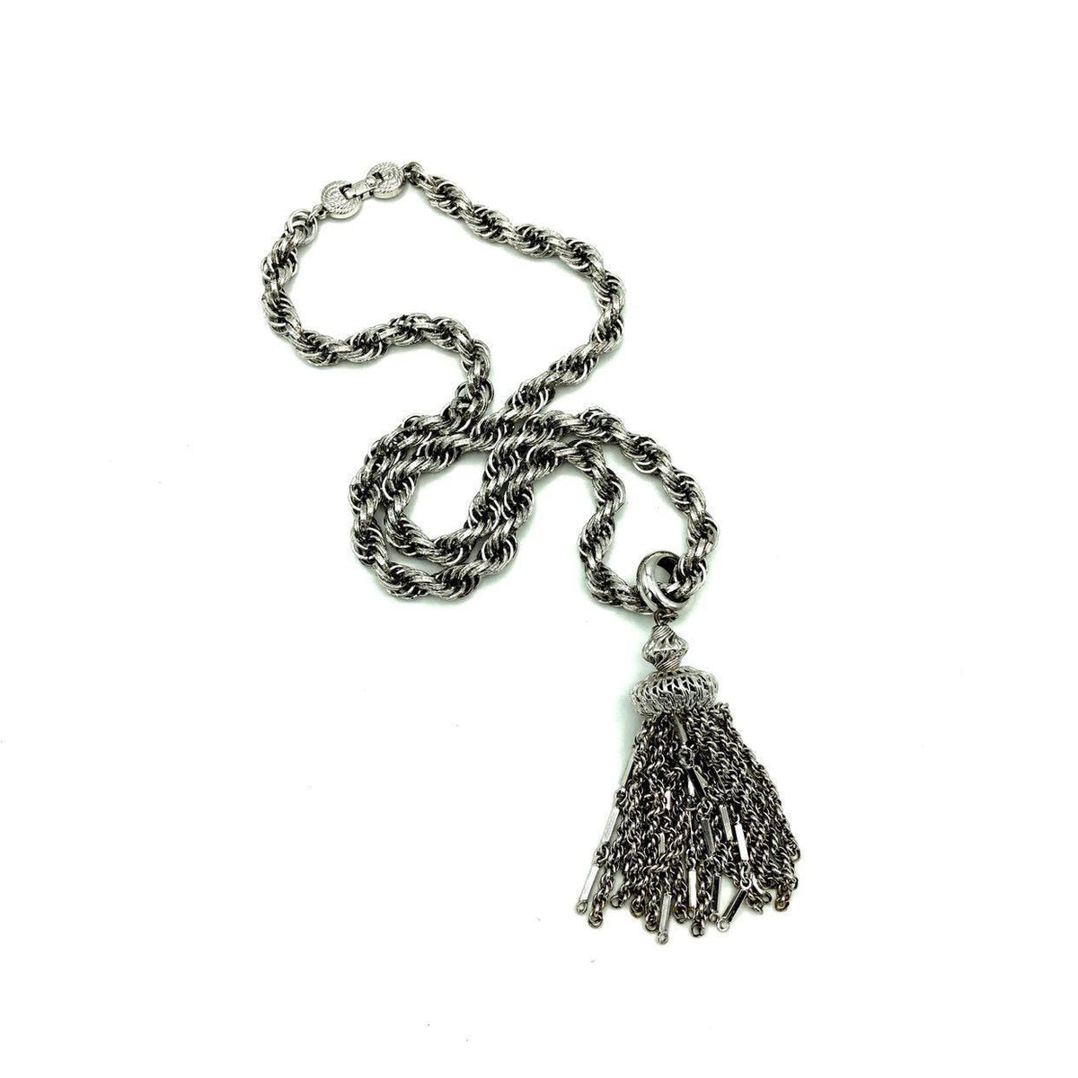 Vintage Monet ‘Damita’ Silver Rope Chain Filigree Tassel Pendant - 24 Wishes Vintage Jewelry