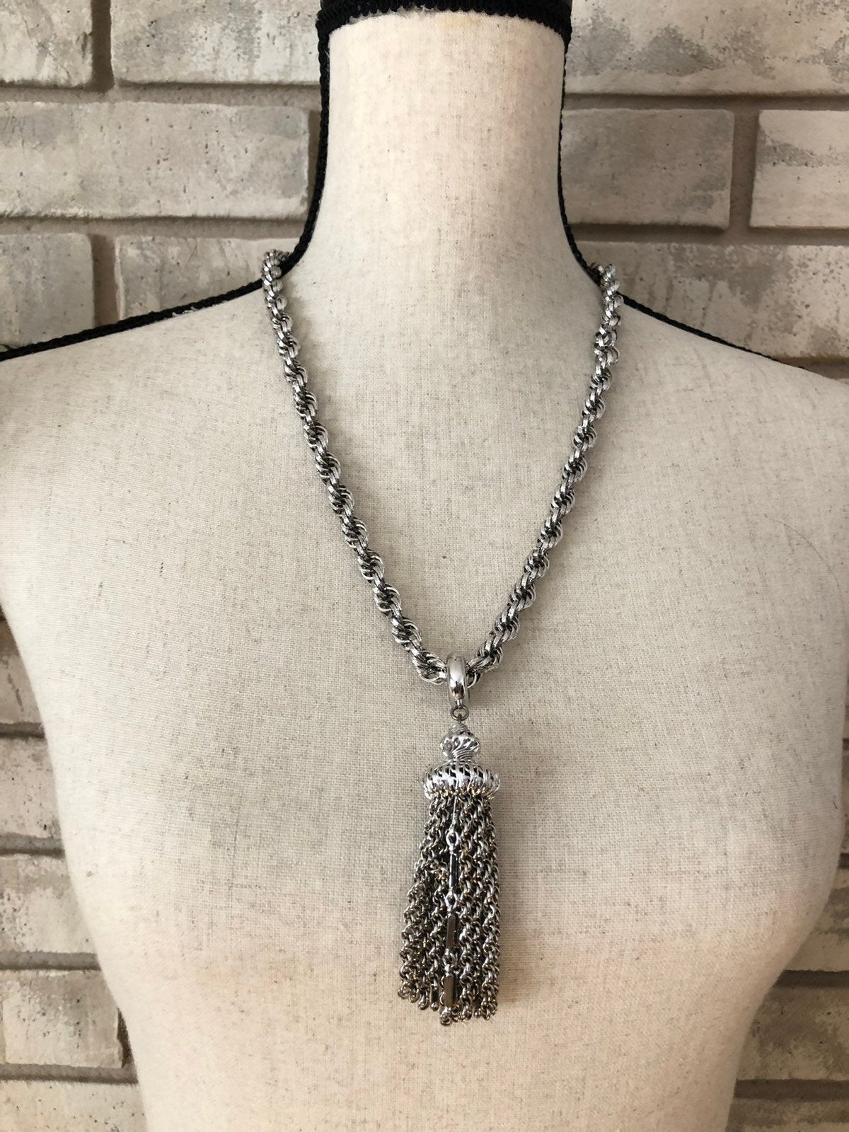 Vintage Monet ‘Damita’ Silver Rope Chain Filigree Tassel Pendant - 24 Wishes Vintage Jewelry