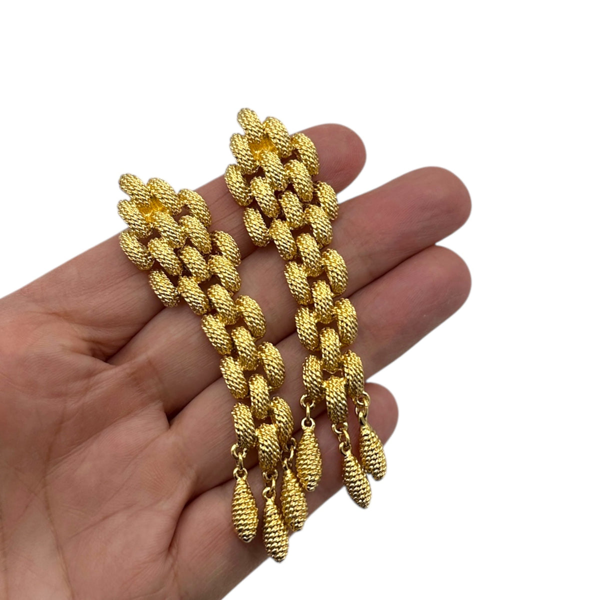 Vintage Monet Signed Gold Textured Chain Dangle Earrings Long Statement Designer Jewelry 24 Wishes Vintage Jewelry