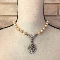 Vintage Off White Pearl Rhinestone Teardrop Classic Pendant - 24 Wishes Vintage Jewelry