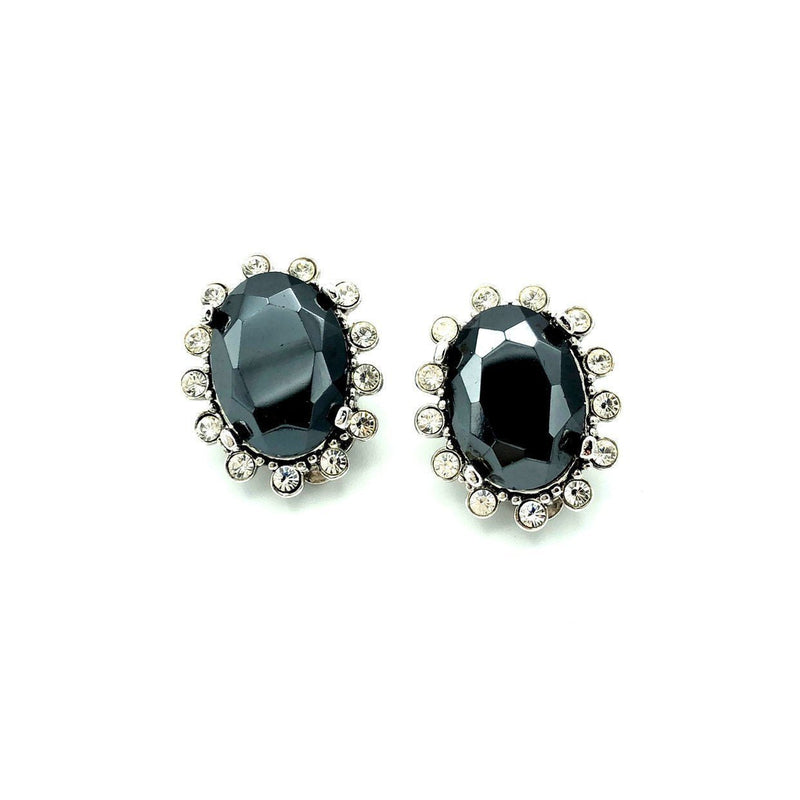 Vintage Oscar De La Renta Black Hematite Rhinestone Clip - On Earrings - 24 Wishes Vintage Jewelry