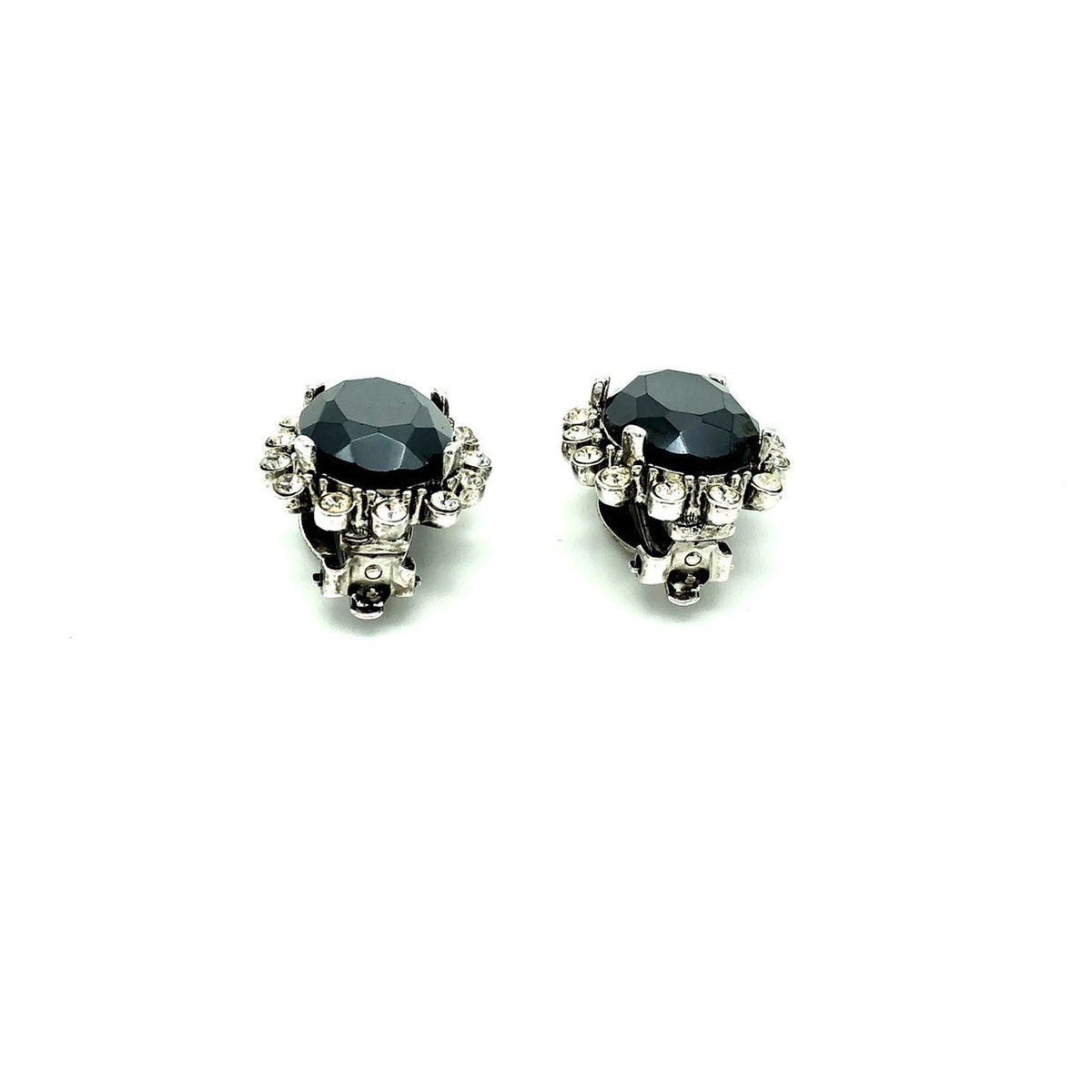 Vintage Oscar De La Renta Black Hematite Rhinestone Clip - On Earrings - 24 Wishes Vintage Jewelry