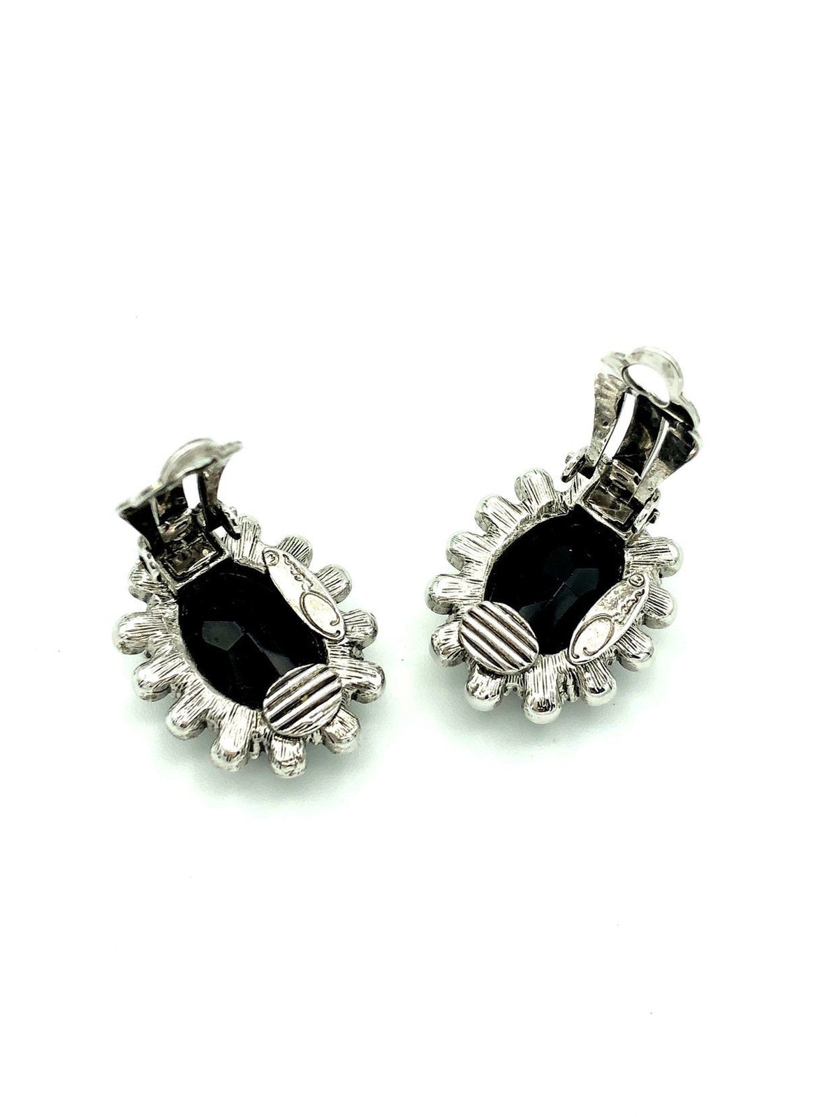 Vintage Oscar De La Renta Black Hematite Rhinestone Clip - On Earrings - 24 Wishes Vintage Jewelry