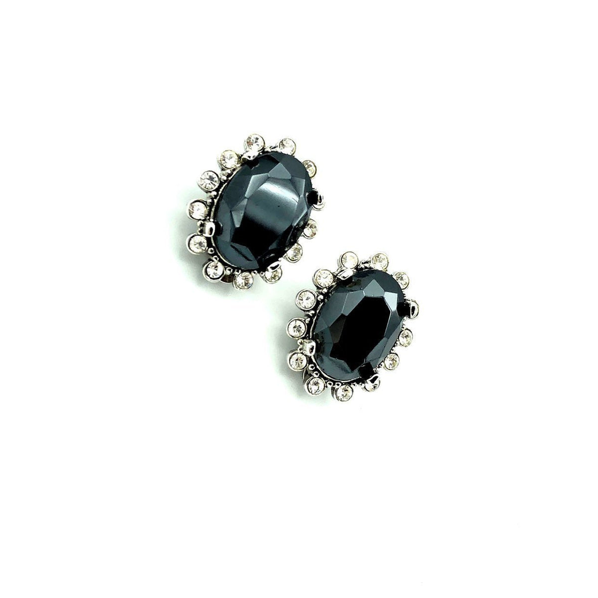 Vintage Oscar De La Renta Black Hematite Rhinestone Clip - On Earrings - 24 Wishes Vintage Jewelry