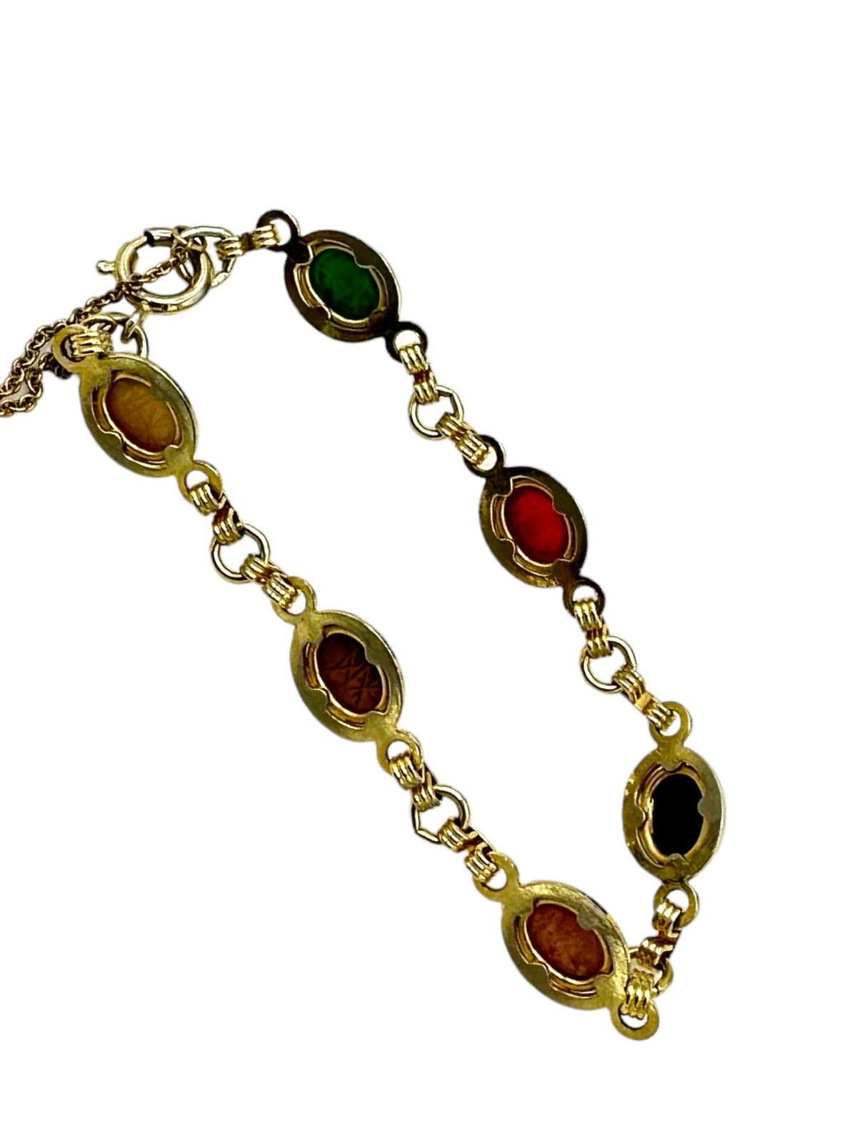 Vintage Petite 12K Gold Filled Semi - Presious Stone Scarab Layering Charm Bracelet - 24 Wishes Vintage Jewelry