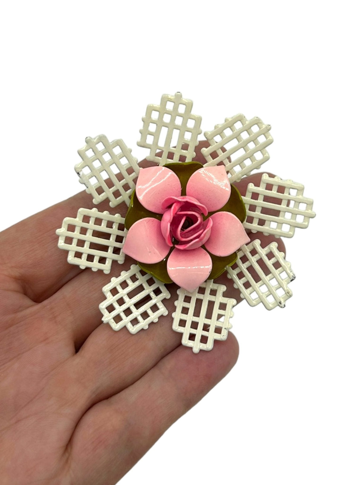 Vintage Pink Enamel Flower White Lattice Brooch - 24 Wishes Vintage Jewelry