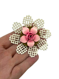 Vintage Pink Enamel Flower White Lattice Brooch - 24 Wishes Vintage Jewelry