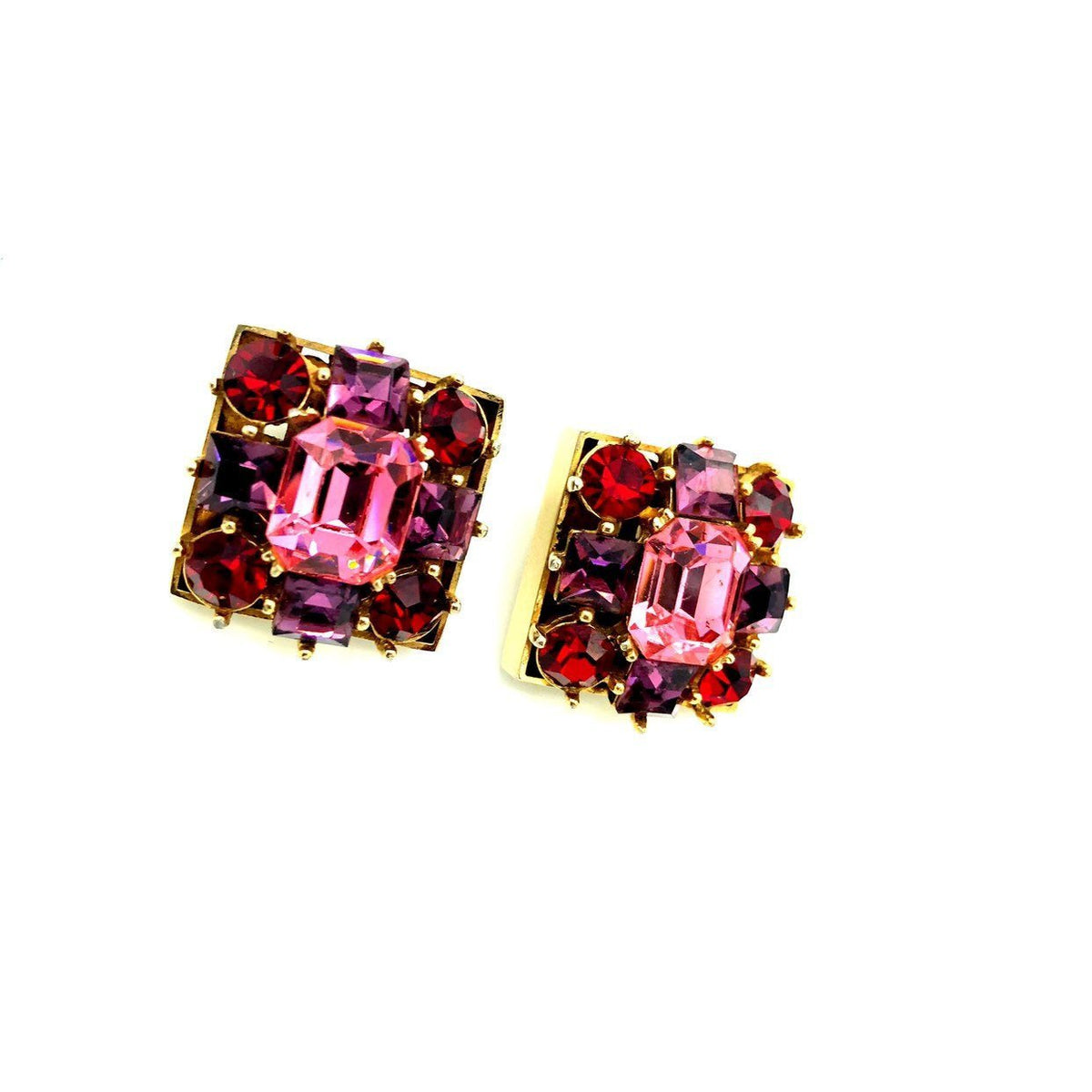 Vintage Pink & Red Rhinestone Square Clip - On Earrings - 24 Wishes Vintage Jewelry