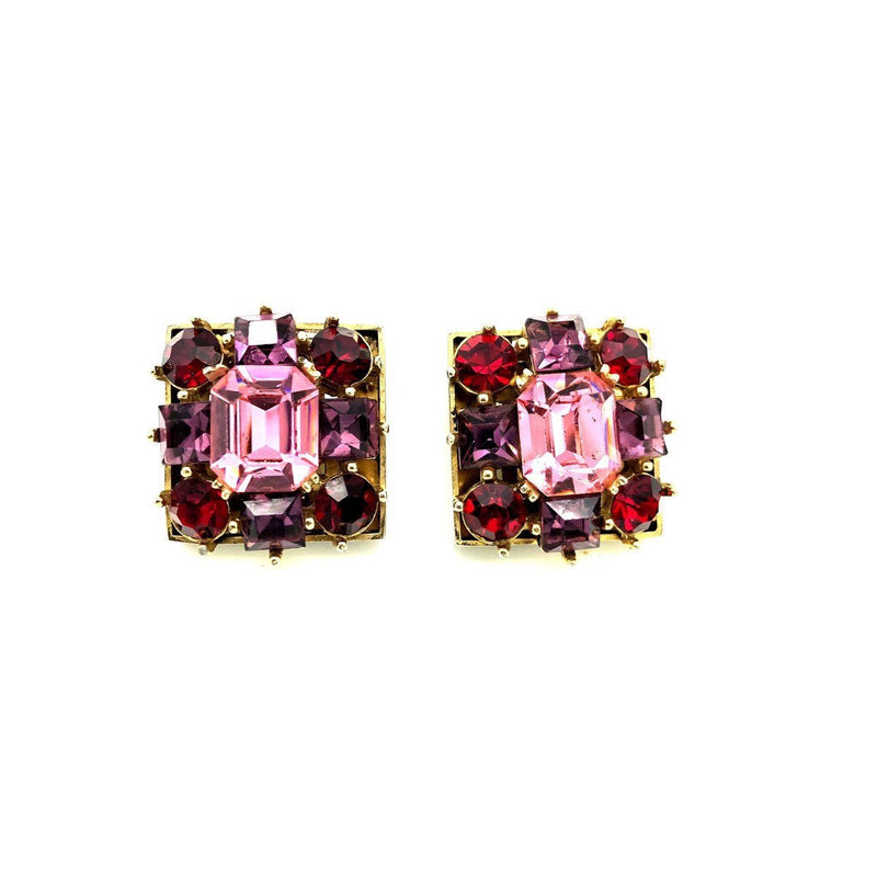 Vintage Pink & Red Rhinestone Square Clip - On Earrings - 24 Wishes Vintage Jewelry