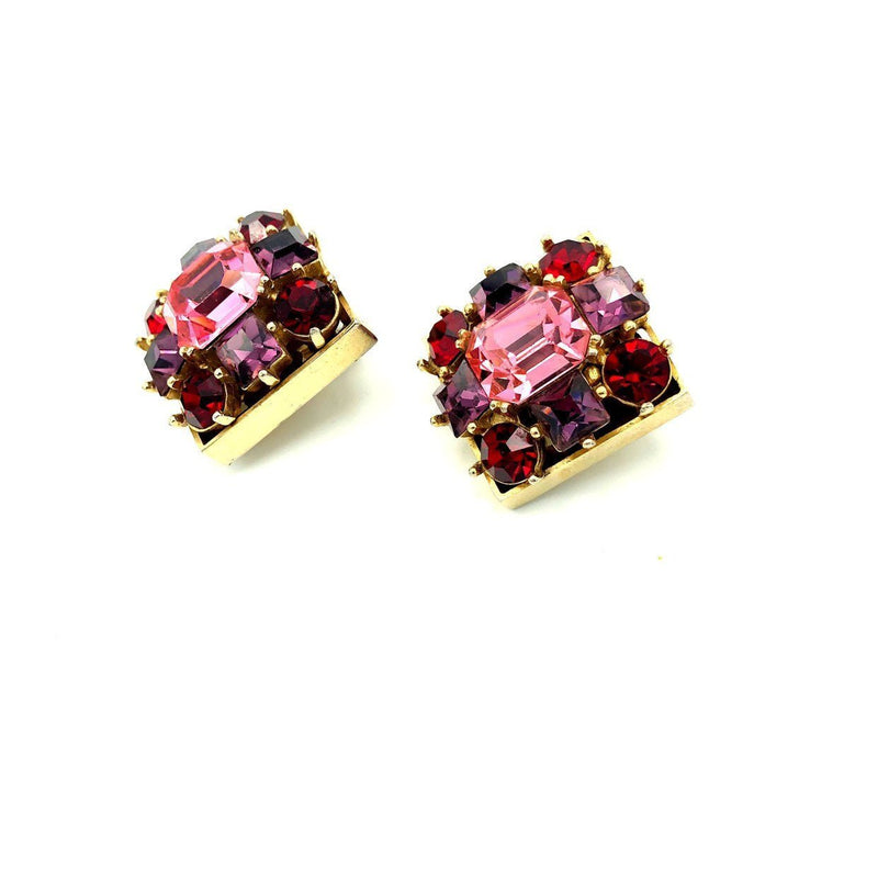 Vintage Pink & Red Rhinestone Square Clip - On Earrings - 24 Wishes Vintage Jewelry