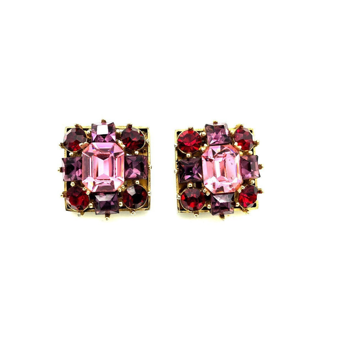 Vintage Pink & Red Rhinestone Square Clip - On Earrings - 24 Wishes Vintage Jewelry