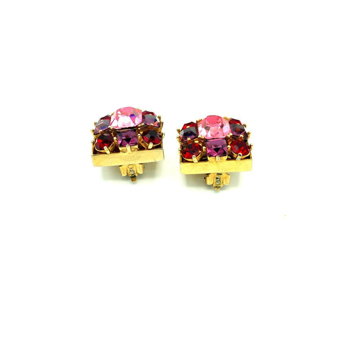 Vintage Pink & Red Rhinestone Square Clip - On Earrings - 24 Wishes Vintage Jewelry