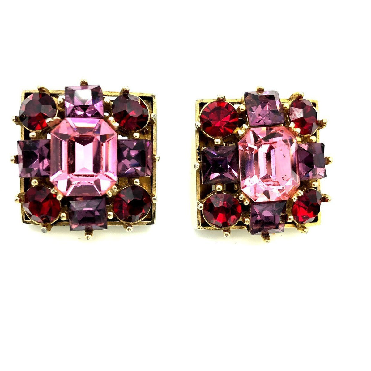 Vintage Pink & Red Rhinestone Square Clip - On Earrings - 24 Wishes Vintage Jewelry