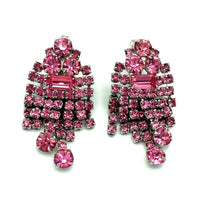 Vintage Pink Rhinestone Chandelier Waterfall Clip - On Earrings - 24 Wishes Vintage Jewelry