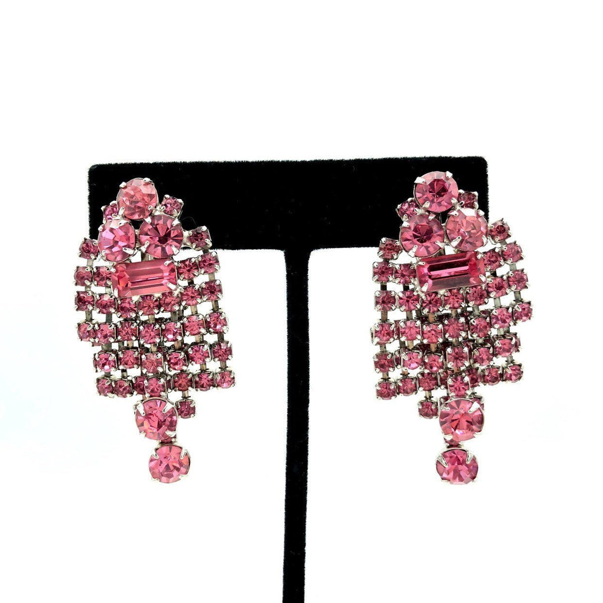 Vintage Pink Rhinestone Chandelier Waterfall Clip - On Earrings - 24 Wishes Vintage Jewelry