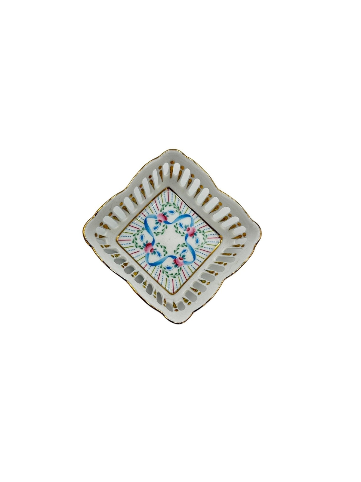 Vintage Porcelain Hand - Painted Floral Ribbons Jewelry Trinket Reticulated Dish - 24 Wishes Vintage Jewelry