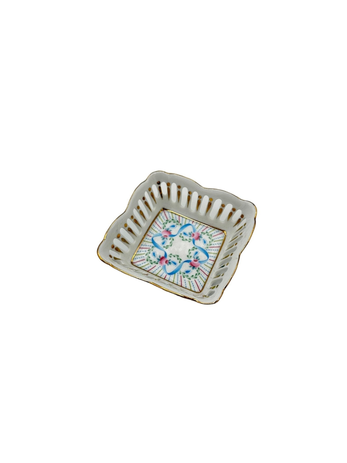 Vintage Porcelain Hand - Painted Floral Ribbons Jewelry Trinket Reticulated Dish - 24 Wishes Vintage Jewelry