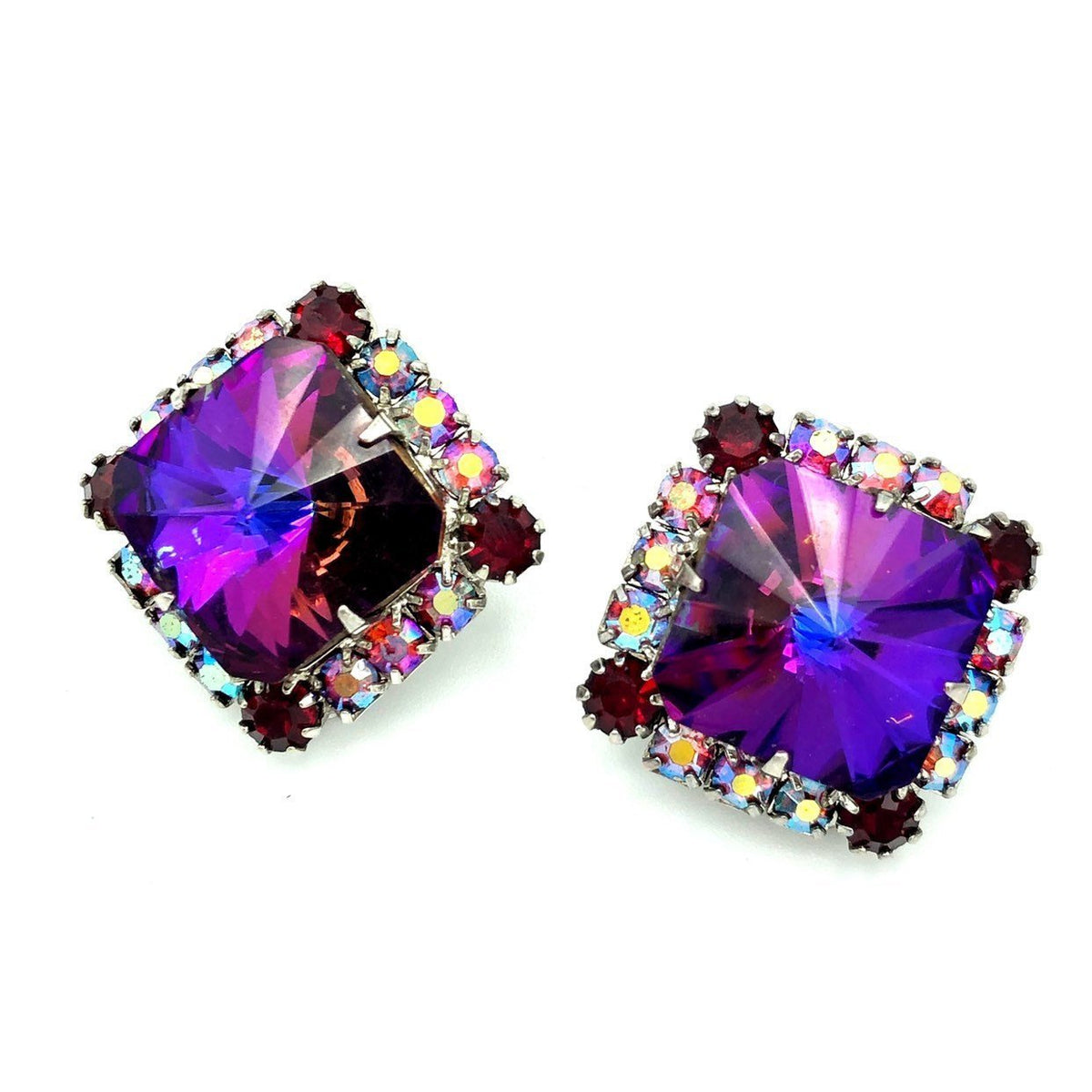 Vintage Purple Square Rivoli Earrings - 24 Wishes Vintage Jewelry