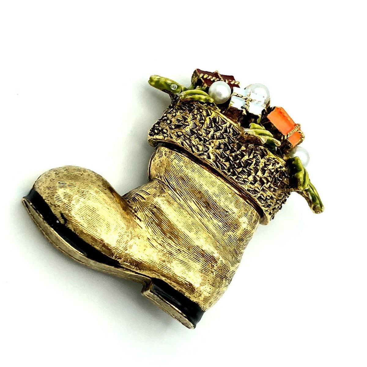 Vintage Santa Boot with Gifts Gold Enamel Signed ART Arthur Pepper - 24 Wishes Vintage Jewelry