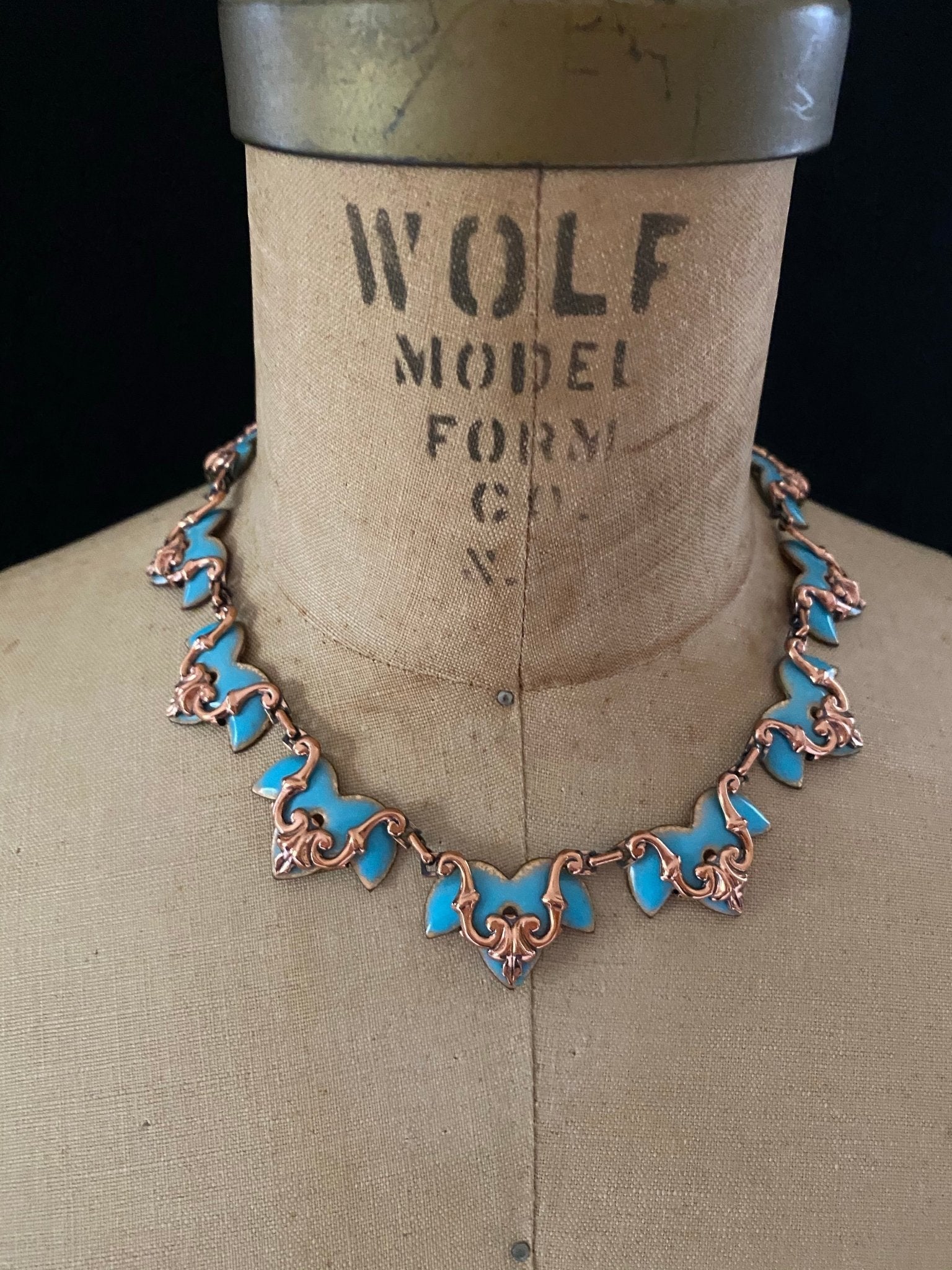 Vintage Scallop Matisse Copper Blue Enamel Necklace - 24