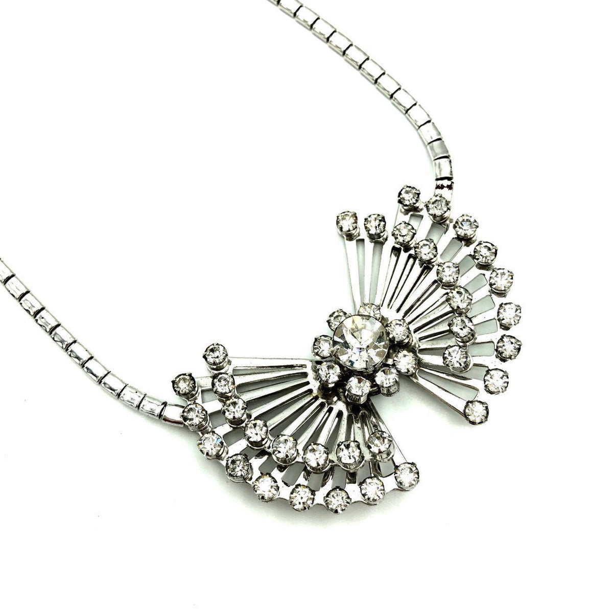 Vintage Silver Art Deco Style Diamante Starburst Pendant - 24 Wishes Vintage Jewelry