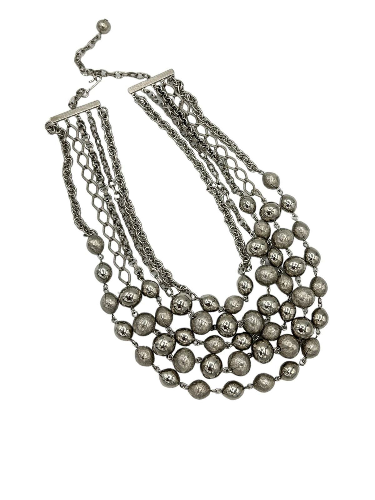 Vintage Silver Layered Long Multi - Strand Chain Textured Bead Necklace - 24 Wishes Vintage Jewelry