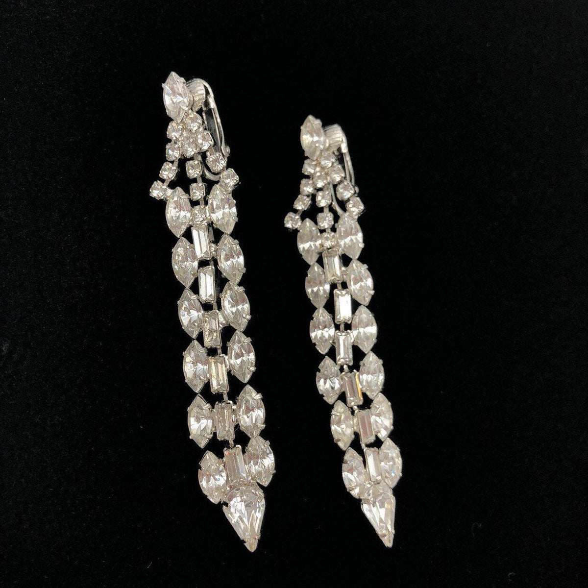 Vintage Silver Long Dangle Rhinestone Earrings - 24 Wishes Vintage Jewelry