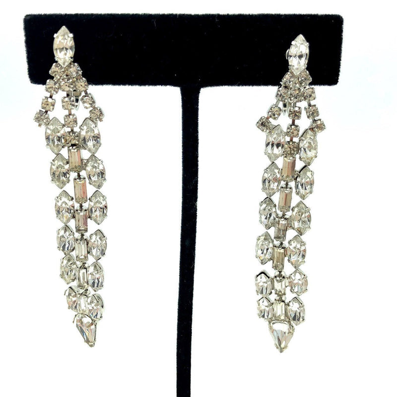 Vintage Silver Long Dangle Rhinestone Earrings - 24 Wishes Vintage Jewelry