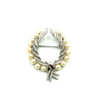 Vintage Silver Trifari Classic Laurels Wreath Pearl Brooch - 24 Wishes Vintage Jewelry