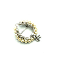 Vintage Silver Trifari Classic Laurels Wreath Pearl Brooch - 24 Wishes Vintage Jewelry