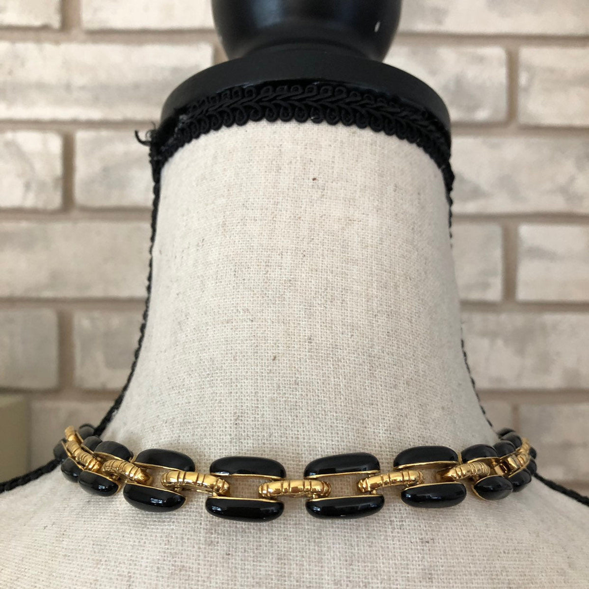 Vintage St. John Black Enamel Gold Chain Link Necklace - 24 Wishes Vintage Jewelry