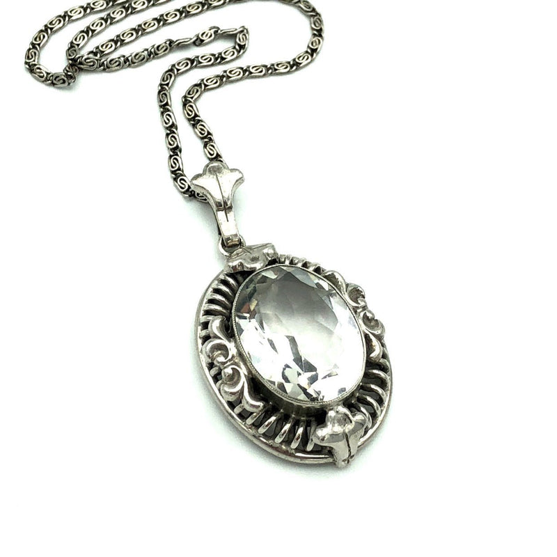 Vintage Sterling Silver Art Deco Crystal Glass Pendant - 24 Wishes Vintage Jewelry