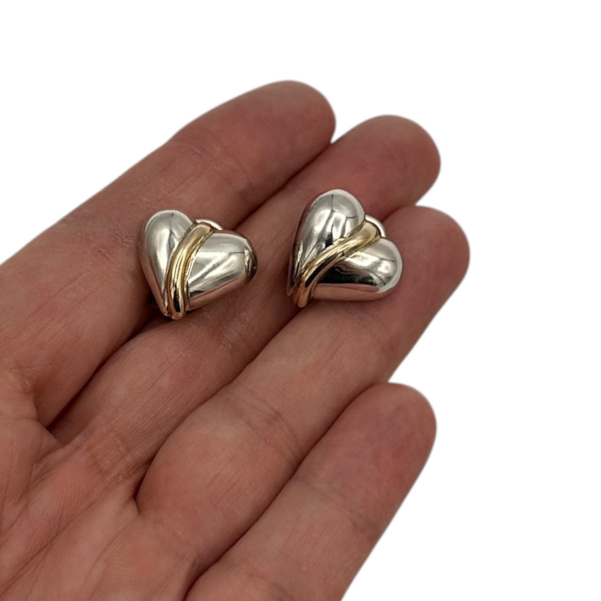 EarringsVintage Sterling Silver Puffy Heart Earrings with 14K Gold Swirl