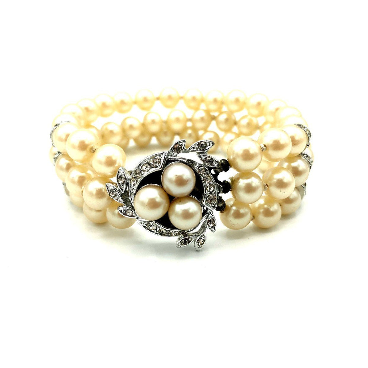 Vintage Three Row Pearl & Rhinestone Vintage Bracelet - 24 Wishes Vintage Jewelry