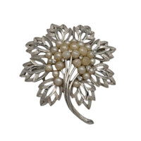 Brooches & PinsVintage Trifari 1960s Silver Plated Leaf Brooch with Faux Pearls