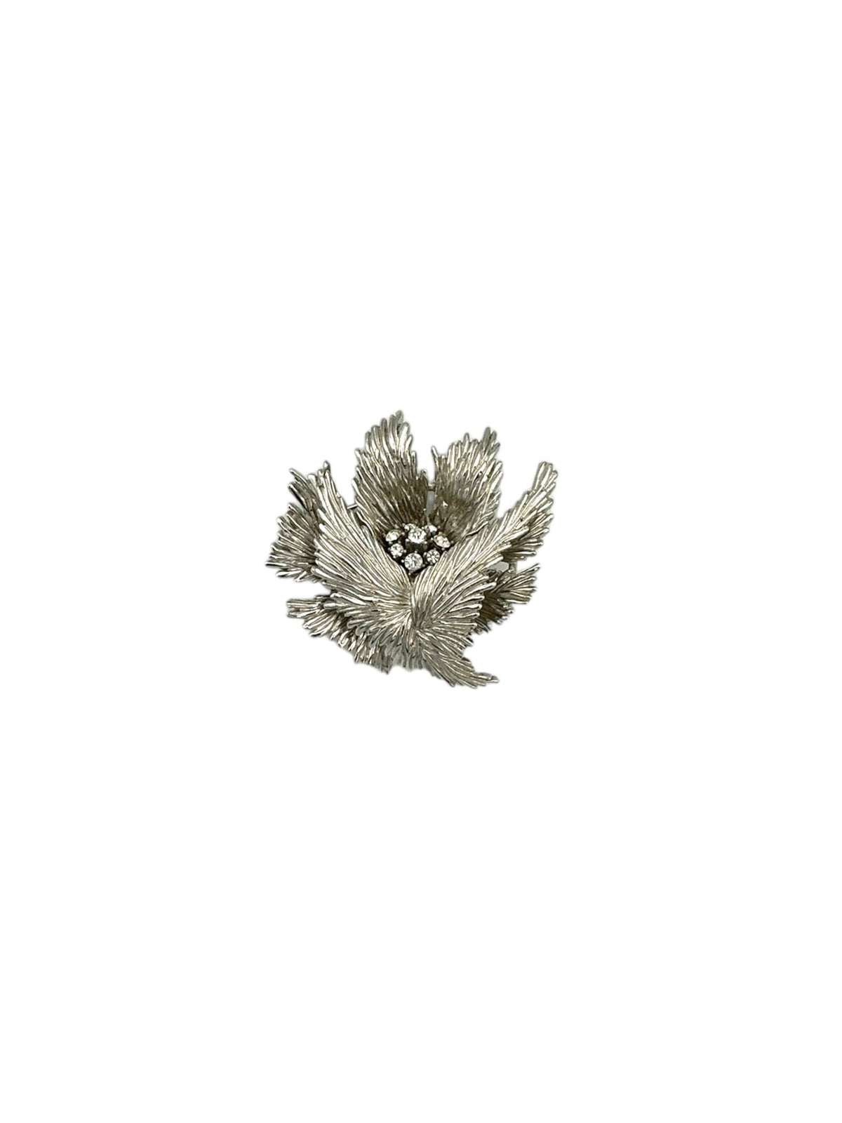 Vintage Trifari Classic Silver Texture Floral Rhinestone Brooch - 24 Wishes Vintage Jewelry