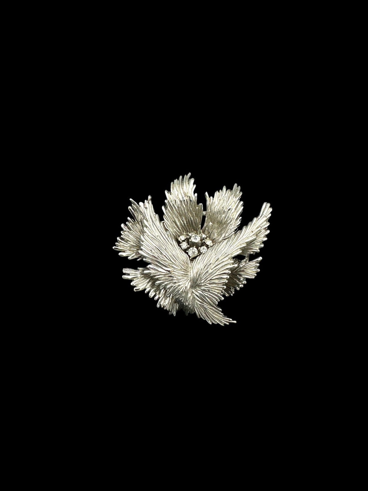 Vintage Trifari Classic Silver Texture Floral Rhinestone Brooch - 24 Wishes Vintage Jewelry