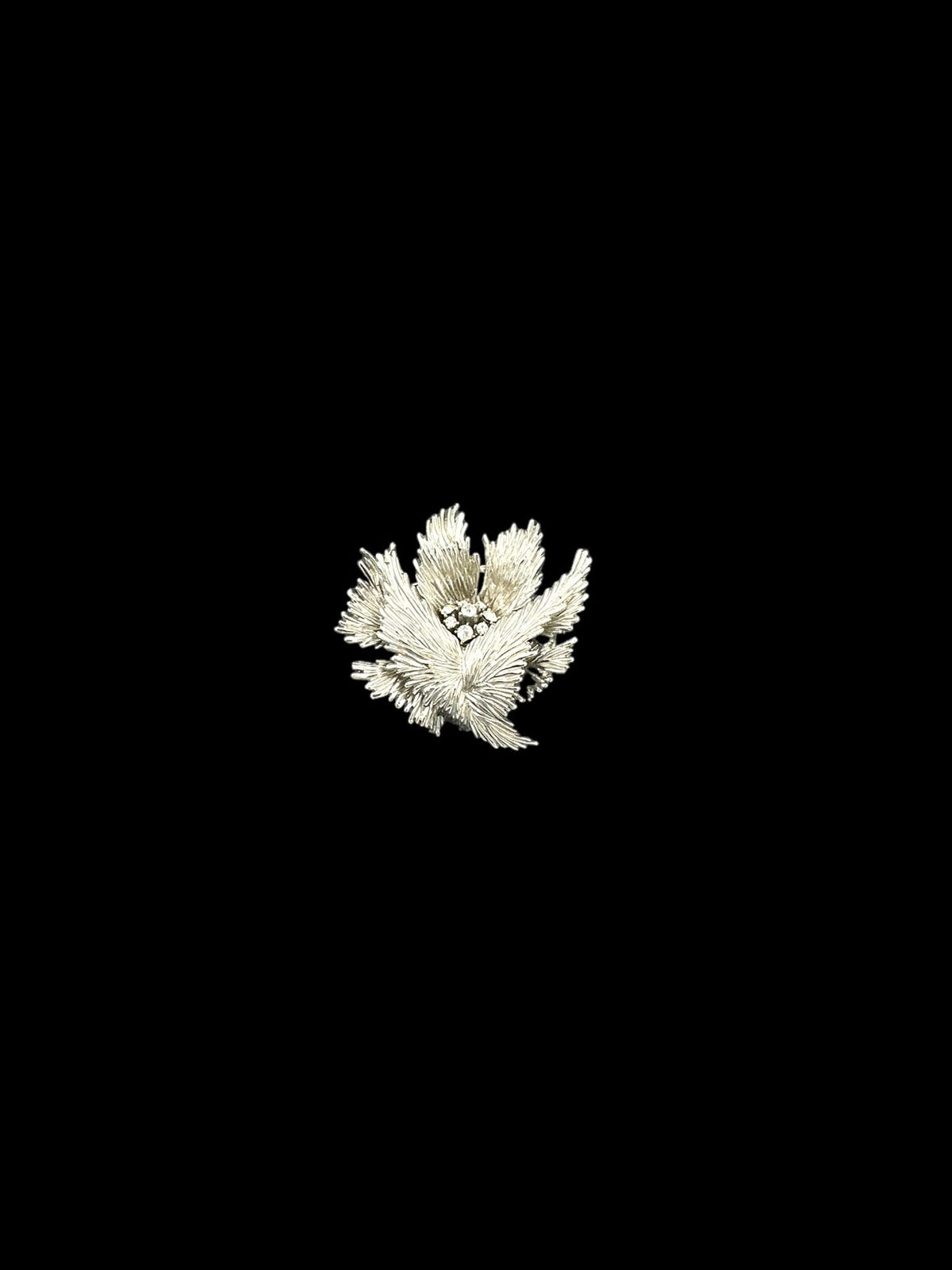 Vintage Trifari Classic Silver Texture Floral Rhinestone Brooch - 24 Wishes Vintage Jewelry