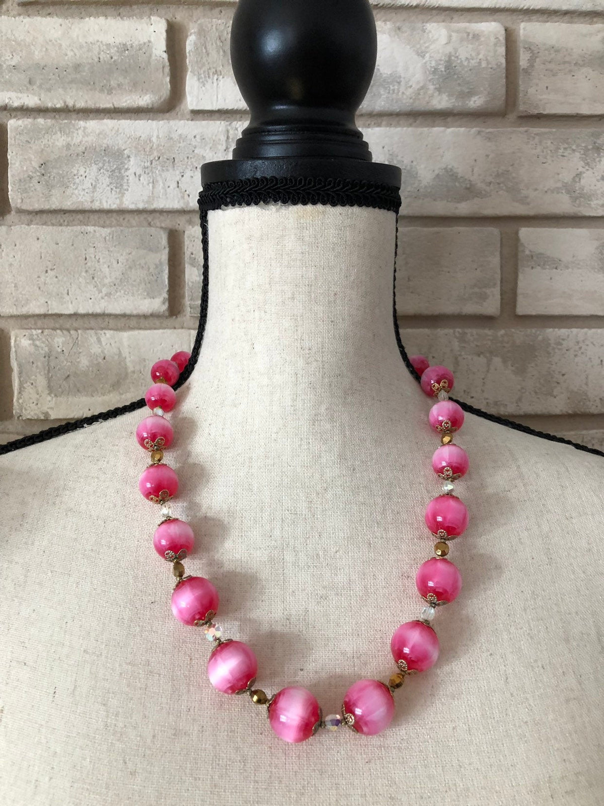 Vintage Vendome Pink Lucite Crystal Bead Necklace - 24 Wishes Vintage Jewelry