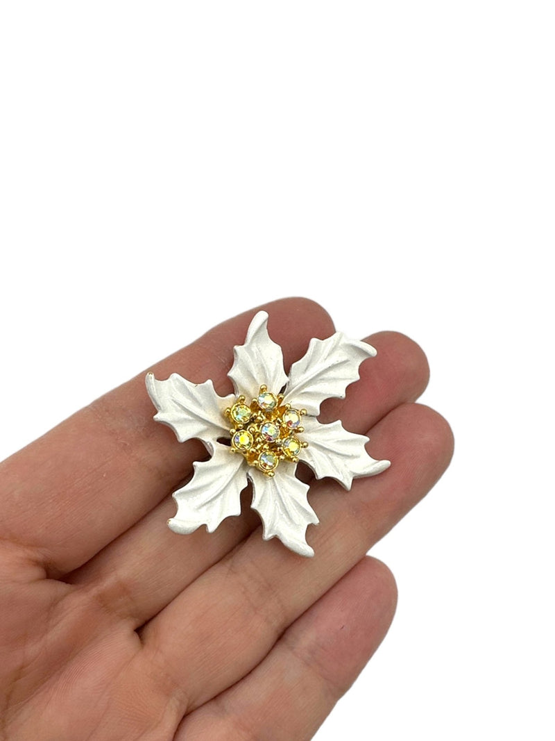 Vintage White Enamel Poinsettia Holly Brooch - 24 Wishes Vintage Jewelry