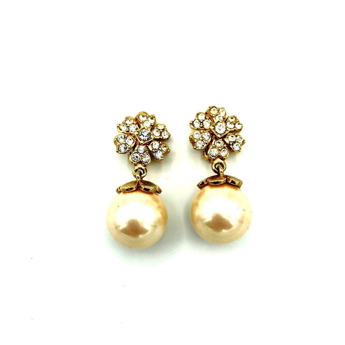 Vintage White Pearl Drop Rhinestone Flower Earrings - 24 Wishes Vintage Jewelry