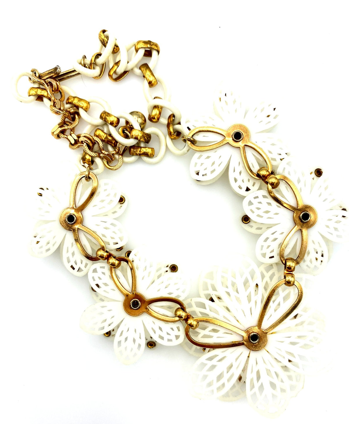 Vintage White Plastic & Rhinestone Flower Necklace - 24 Wishes Vintage Jewelry