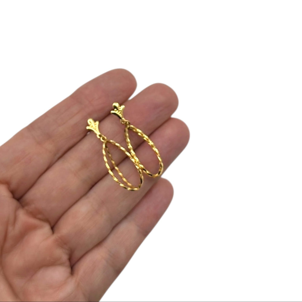 Vintage Yellow Gold - Filled Textured Three Dimensional Oval Dangle Pierced Earrings 24 Wishes Vintage Jewelry