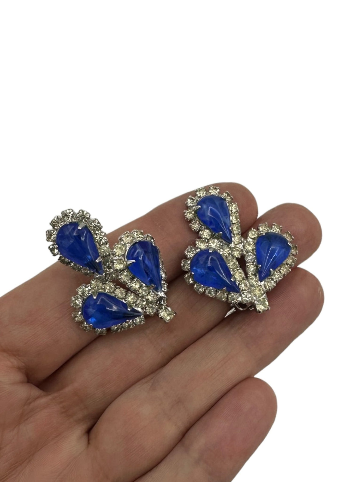 Weiss Blue Teardrop Rhinestone Cluster Vintage Clip - on Earrings - 24 Wishes Vintage Jewelry