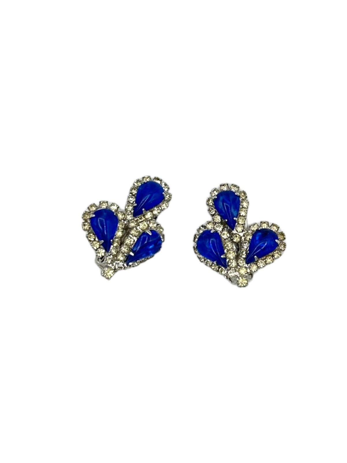 Weiss Blue Teardrop Rhinestone Cluster Vintage Clip - on Earrings - 24 Wishes Vintage Jewelry