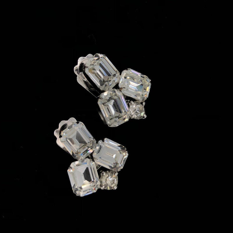 Weiss Clear Rhinestone Cluster Vintage Clip - on Earrings - 24 Wishes Vintage Jewelry